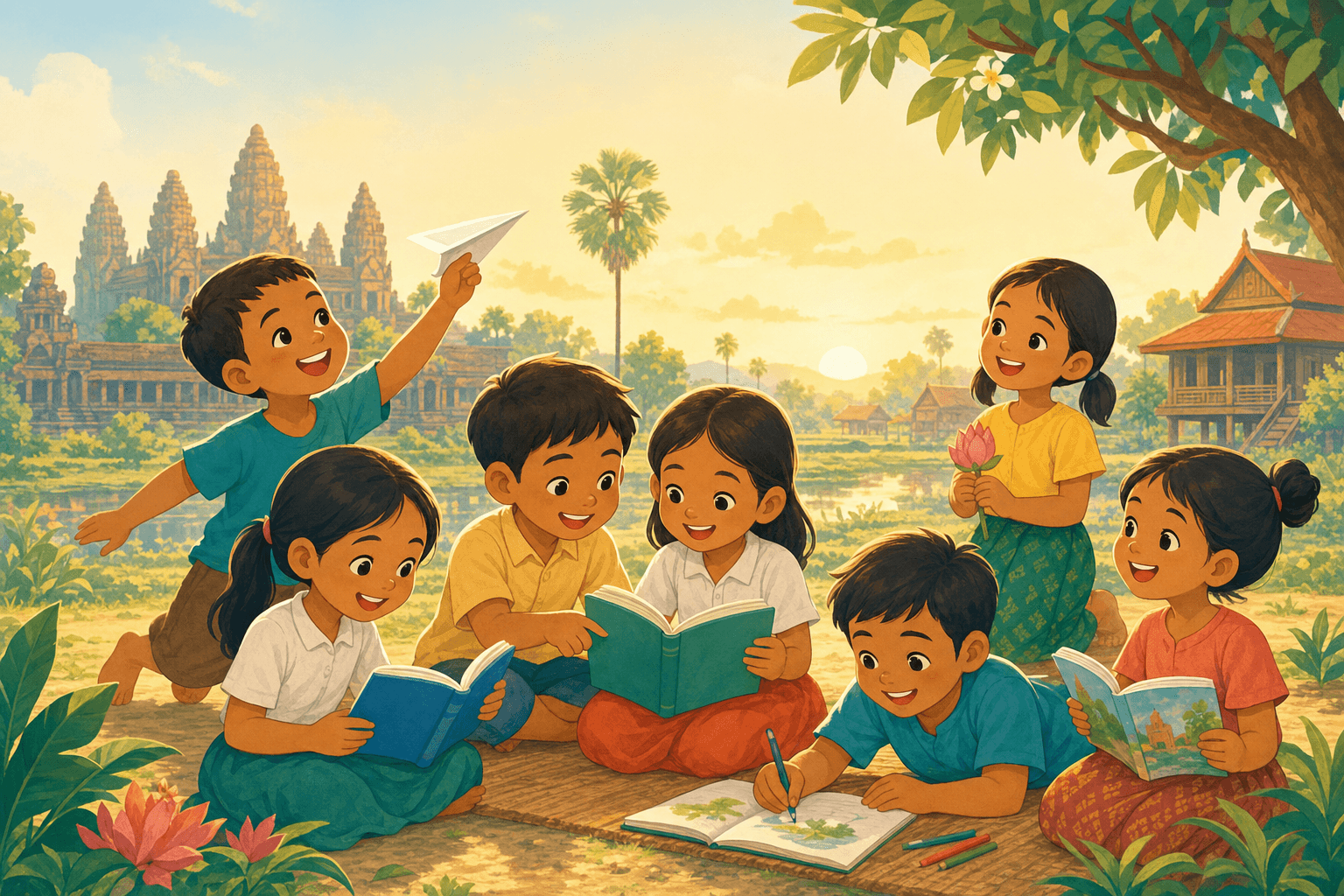 Cambodian children learning and playing together
